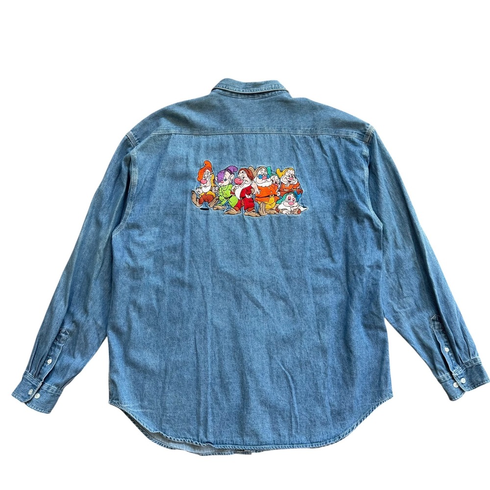 Vintage Disney Store Seven Dwarfs Embroidered Denim Shirt Mens XL Snow White 90s